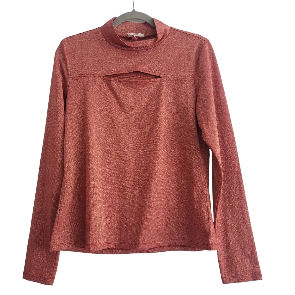 L.E.I. XL Red Metallic Peek-a-boo Long Sleeve Mock Neck Shirt Y2K 2000s